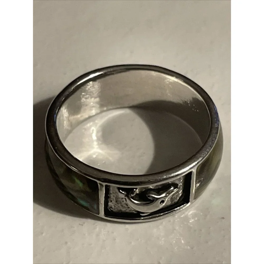 Abalone Shell Silver Tone Inlay Dolphin Ring‎ Band Size 9.5  Beach Vacation A122